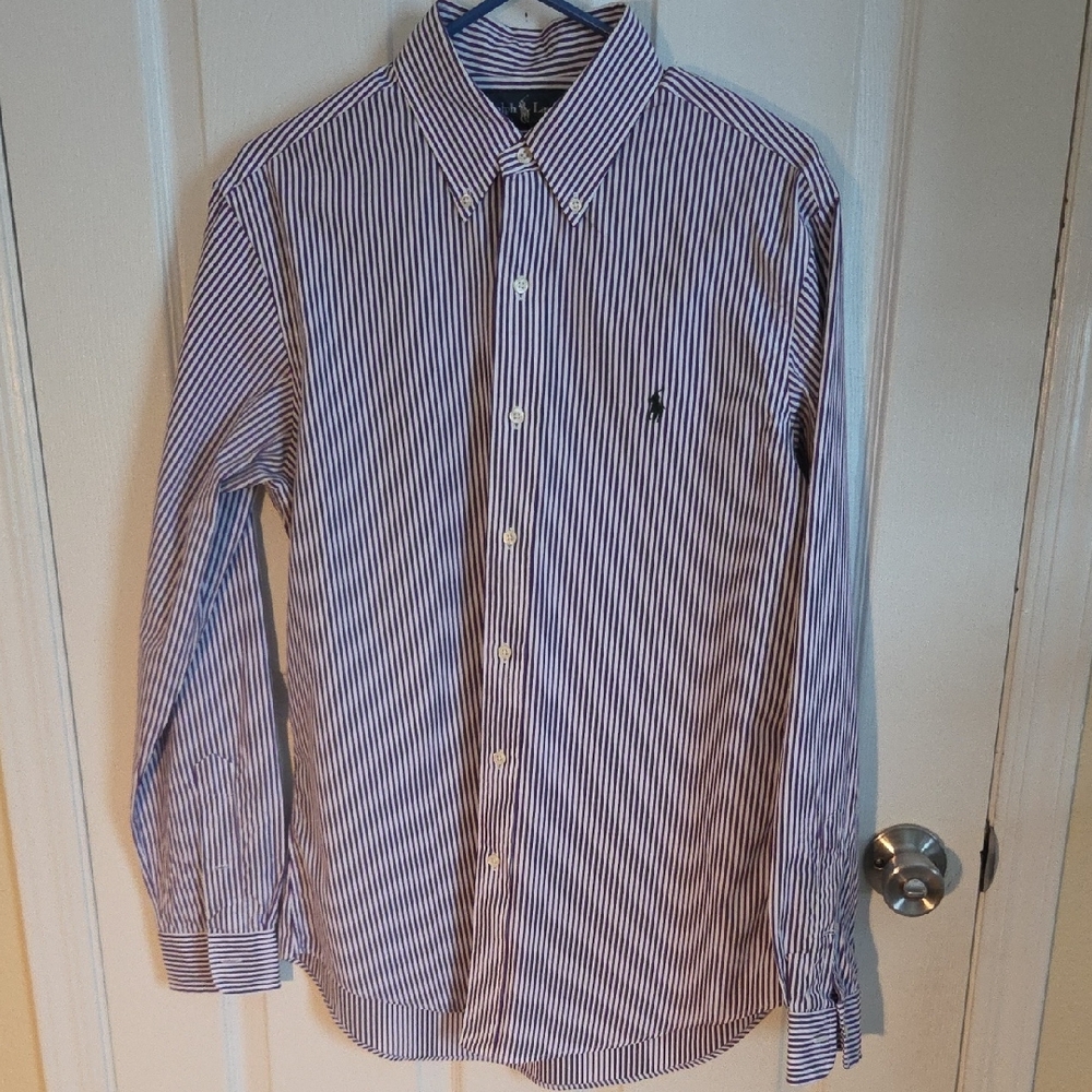 Ralph Lauren Men's Purple and White Striped Shirt